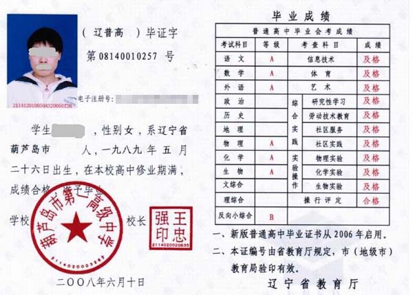 辽宁省<a href=https://www.wenpnet.com/cyzx/99.html target=_blank class=infotextkey><a href=https://www.wenpnet.com/cyzx/111.html target=_blank class=infotextkey>2008年高中毕业证</a></a>样本